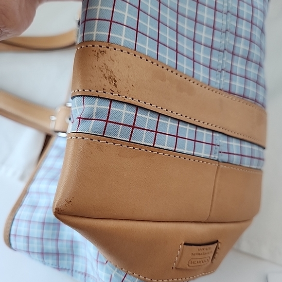Coach Plaid Tote Bag in Tan and Blue Preppy COACH Hampton M2J-7579 Spring Purse - Picture 11 of 16